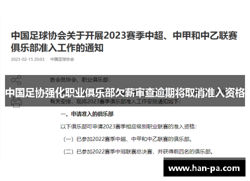 中国足协强化职业俱乐部欠薪审查逾期将取消准入资格